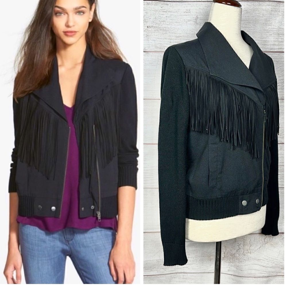 ELLA MOSS Black Lightweight Fringed Moto Jacket Knit Sleeves and Back size S